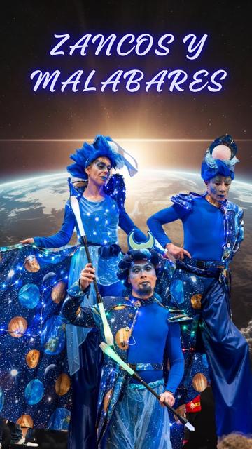 Three performers in blue cosmic-themed costumes with LED lights and planetary patterns pose dramatically against a backdrop of Earth from space. One holds LED juggling clubs, while another extends a cape adorned with glowing stars. The ensemble radiates an otherworldly, celestial energy.