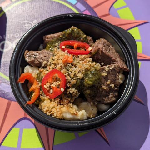  sirloin gruyére mac & cheese with black garlic chimichurri and garlic butter crunch 