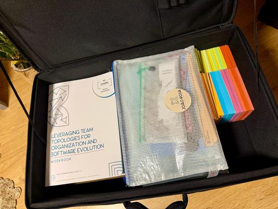 Workshop suitcase with the workshops, Team Topologies shapes and post-its