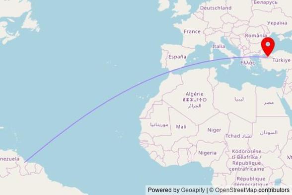 A map showing the great circle route from Linden in Guyana to a map pin at Nebeviyye Cami, Uludağ Caddesi, Bursa, Turkey