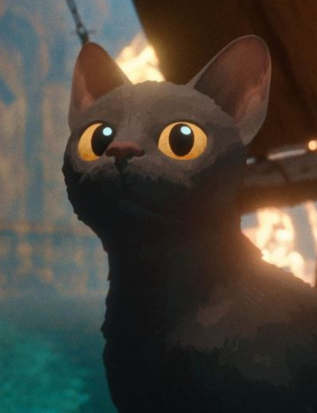 Cena de Flow, a animação da Letônia  que ganhou o Oscar , um gato preto com olhos grandes amarelos 