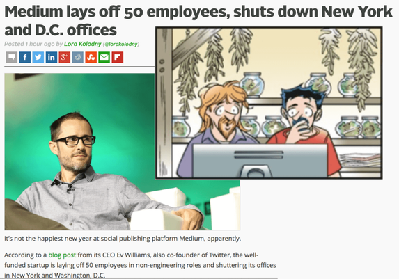 A graphic combining an article with the headline "Medium lays off 50 employees, shuts down New York and D.C. offices"; with a cel from the Doonesbury comic strip of July 24th, 2016 featuring Zonker and Zipper staring at a computer screen