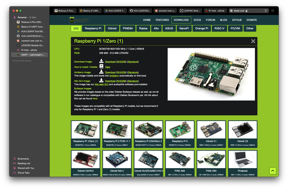 Screenshot of the DietPi website open to the Pi 1 / Zero image page.

The picture illustrates the minimal browser config with a sidebar of open tabs and tabs across the top but no other UI. 
