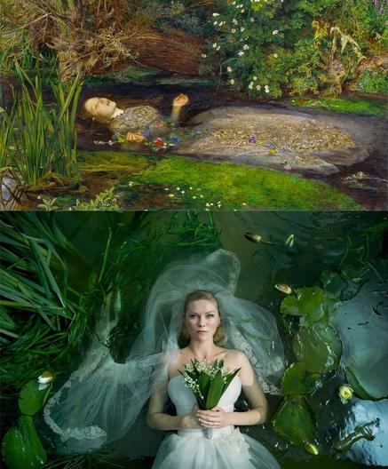 Ophelia is floating on water (painting) compared to a similar shot in Melancholia film