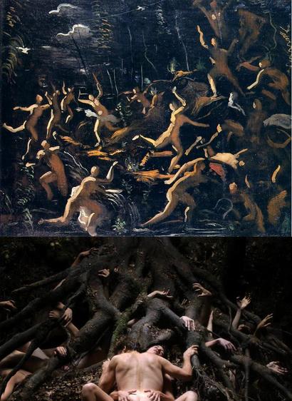 Dozens of abstract figures fighting (painting) compared to a shot of Antichrist film where two people having sex surrounded by massive tree roots and hands