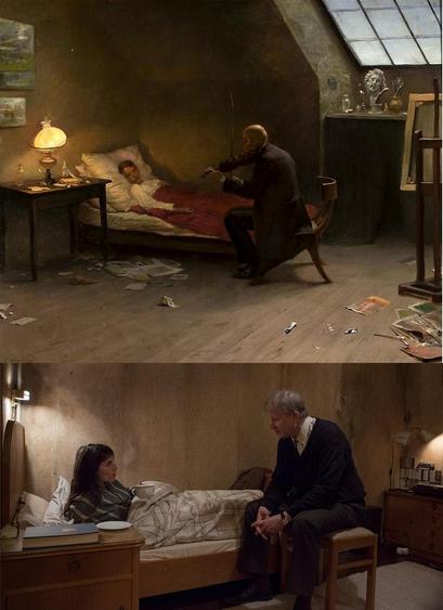 A figure of the death plays violin to a woman in bed (painting) compared to a shot of from Nymphomaniac film white a woman is bed is talking to a man sitting next to her