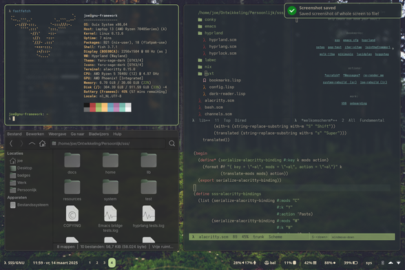 Screeshot showcasing the Everforest Dark theme on SSS v2.1.2 , displaying Emacs, Alactritty and Thunar