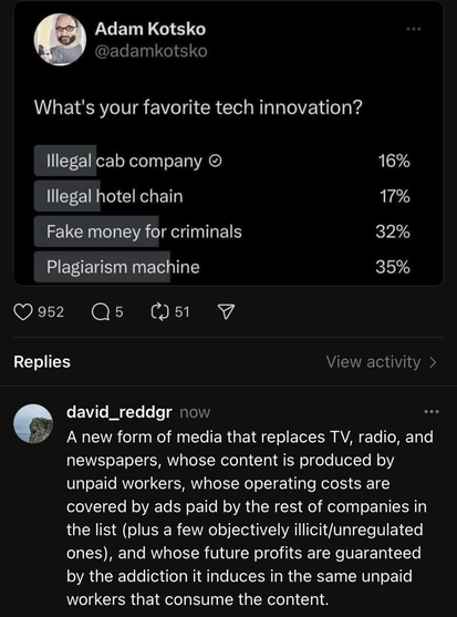 A new form of media that replaces TV, radio, and newspapers, whose content is produced by unpaid workers, whose operating costs are covered by ads paid by the rest of companies in the list (plus a few objectively illicit/unregulated ones), and whose future profits are guaranteed by the addiction it induces in the same unpaid workers that consume the content.