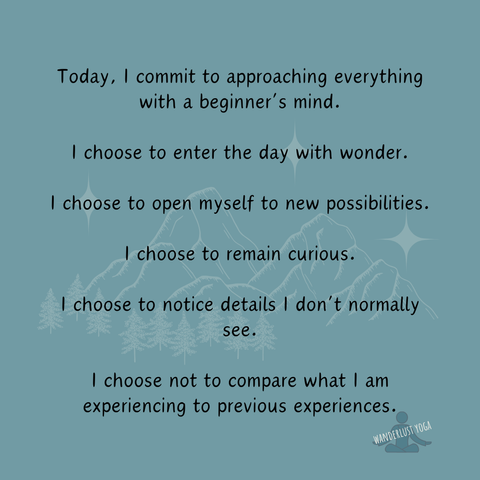 Today, I commit to approaching everything with a beginner’s mind.
I choose to enter the day with wonder.
I choose to open myself to new possibilities.
I choose to remain curious.
I choose to notice details I don’t normally see.
I choose not to compare what I am experiencing to previous experiences.