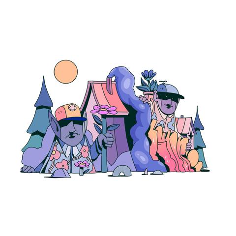 A composition made of characters, trees and cabins. A grumpy goblin in the foreground is habdling a big flower. Another character in the back has a big flower in his backpack.