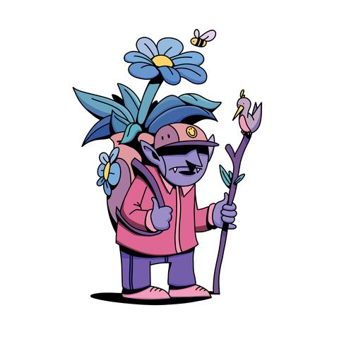 A grumpy goblin is handling a staff with a little bird on it. His backpack is also full of flowers. The image is in an illustrative style, drawn by the artist LSNR.