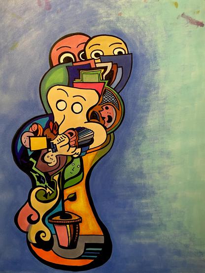 Abstract ink drawing colored in alcohol marker. There is a web of shapes, faces, and strange beings of many forms and colors caught in a droplet-shaped structure. 