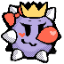 A 72x72 pixel art of Tap-Tap The Princess, a lavender spikeball with a face and a red ribbon tied around one spike and a crown on her head