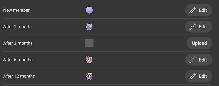 youtube ui showing that the badges start as a lavendar sphere at month 1, upgrade to a spikeball at month 2, then the face is added after 6 months and after 12 a crown is added