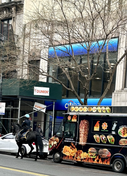 #Mounted unit passing both a taco truck and a doughnut shop 