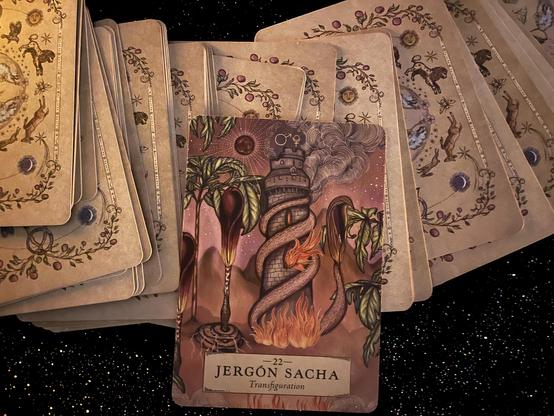 Photo of a card from an oracle deck (the Herbal Astrology Oracle by Adriana Ayales & Joséphine Klerks.) The card is number 22, Jergón Sacha: Transfiguration. 
