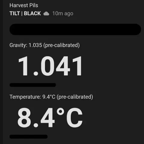 Screenshot of the Tilt hydrometer app showing a specific gravity of 1.041 and temperature of 8.4 degrees Celsius.