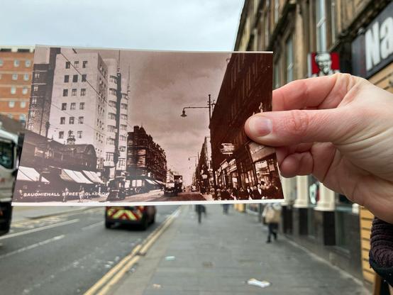 Sauchiehall Street with the Beresford building on the left, overlaid with an old photo on it