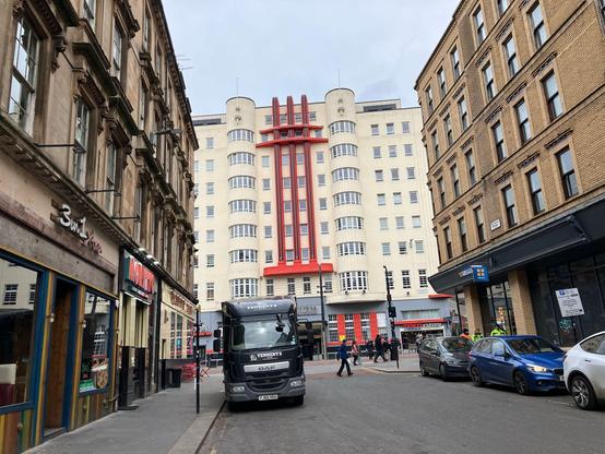 Looking north onto Sauchiehall Street with the Beresford building