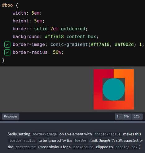 Screenshot showing the interactive demo showing that setting a `border-image` on an element with `border-radius` makes the `border-radius` be ignored.