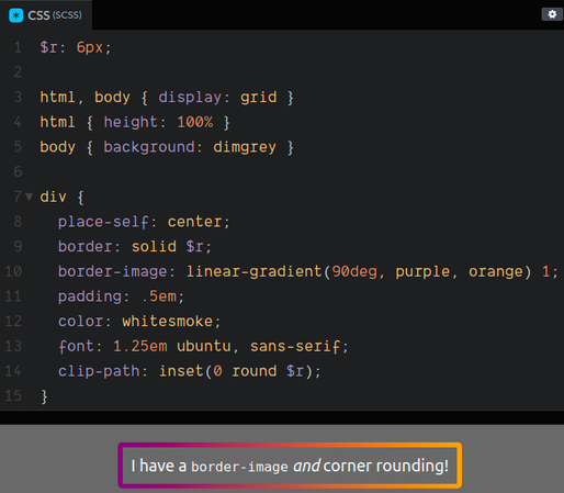 Screenshot of the solution when the desired corner rounding is not bigger than the border-width:
```
border: solid $r;
border-image: linear-gradient(90deg, purple, orange) 1;
clip-path: inset(0 round $r)
```