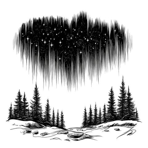 an ink art of the aurora borealis on a norvegian landscape