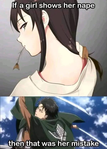 If a girl shows her nape

(Photo of an anime girl showing her nape)

then that was her mistake

(Photo of Levi holding two swords)