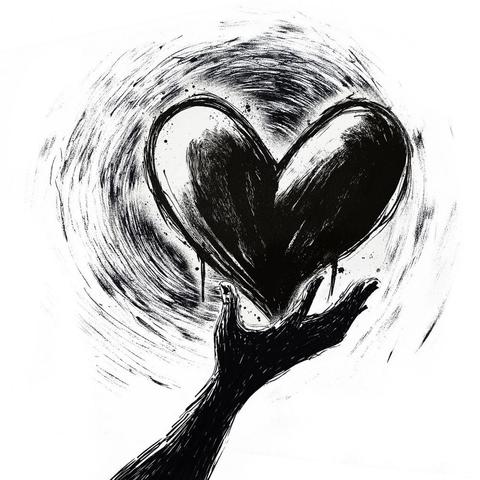 an ink art showcasing a hand holding a heart