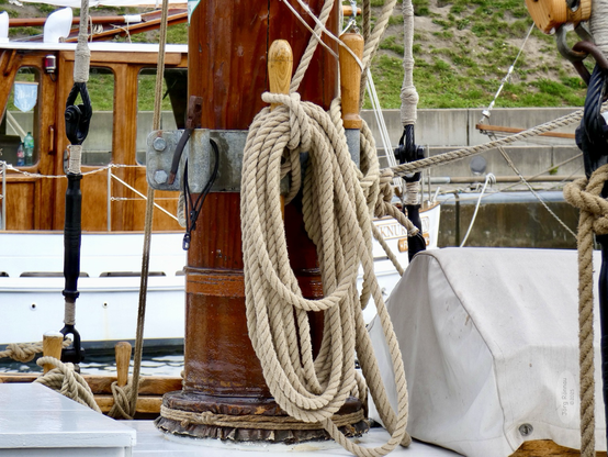 Das Bild zeigt einen Ausschnitt eines Segelschiffes. Im Fokus steht ein hölzerner Mast mit mehreren Seilen, die um ihn herumgewickelt und verknotet sind. Im Hintergrund ist ein Teil eines weiteren Schiffes zu sehen. Das Bild wirkt detailreich und konzentriert sich auf die nautischen Elemente des Schiffes. Die Seile und der polierte Holzmast sind deutlich im Vordergrund zu sehen, während das Hintergrundschiff unscharf ist.