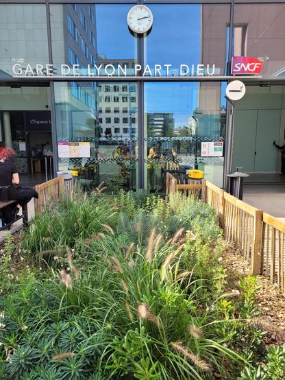Large planted area in front of Lyon-Part-Dieu station entrance. 🌱