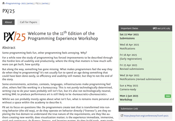 A screenshot of the Programming Experience workshop website. The displayed submission deadline is March 22, 2025