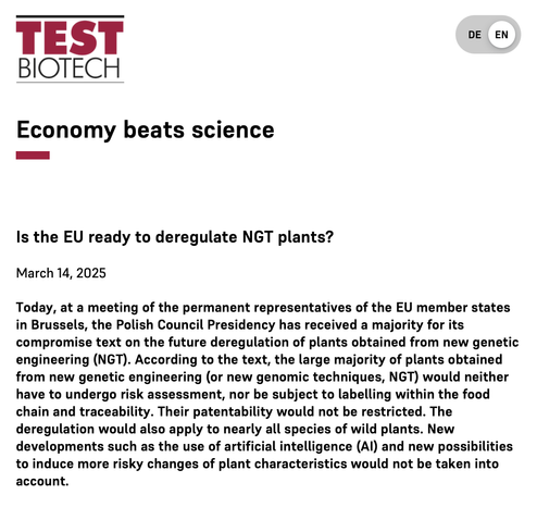 📢🇪🇺 European Union, 14 March 2025 - Poland Presidency of the EU Council of Ministers has received a majority for the deregulation of plants obtained from new #GeneticEngineering #NGT 🧬
💰🤑😈  Economic and political interests have prevailed, as the proposal does not stand up to scientific scrutiny 🔬☣️
👉 https://www.testbiotech.org/en/news/economy-beats-science
@testbiotech 