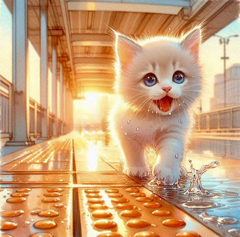 雨上がりの春の朝、オレンジ色の点字ブロック上で水たまりに足をつけたら冷たさにびっくりした白い子猫。