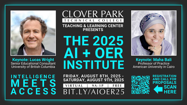Flyer for the Clover Park Technical Institute's 2025 AI+OER Institute.