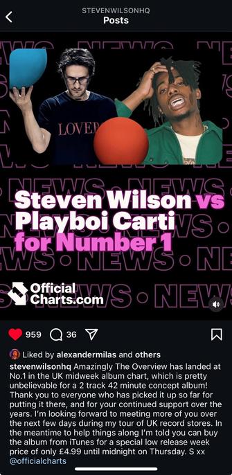A screenshot of an Instagram post from Steven Wilson showing that his album “The Overview” is neck & neck in the album charts with one by Playboy Carti.