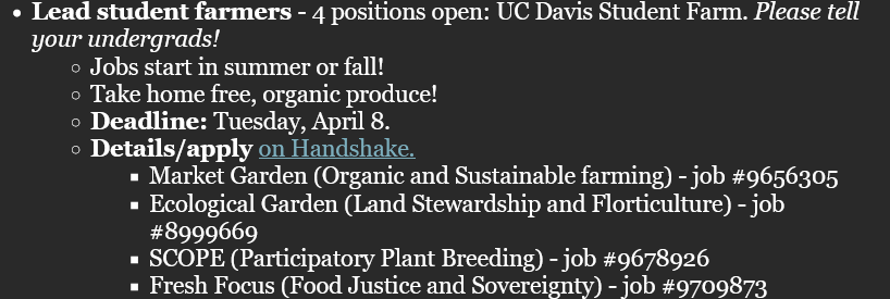 screenshot of job opportunity for 4 student farm leads for undergrads.