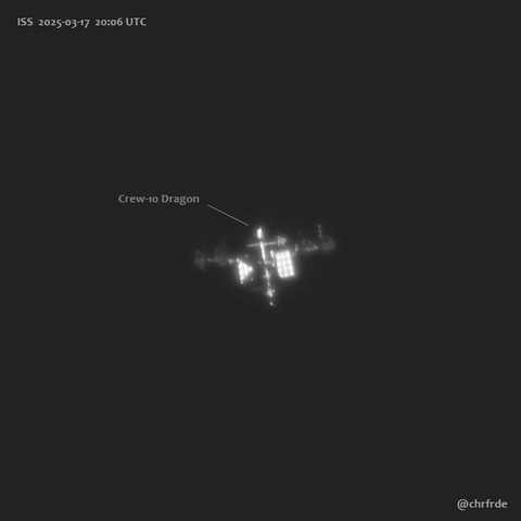 Telescopic view of ISS seen mainly from below in a high overhead pass. The main truss appears horizontal in this image and rather dim, the solar panels are not prominent as they are seen edge-on. The perpendicular chain of modules is brighter. The two most prominent bright features two radiators. At the "top" is the forward facing harmony module with Crew-10 dragon attached that appears as a bright elongated spot.