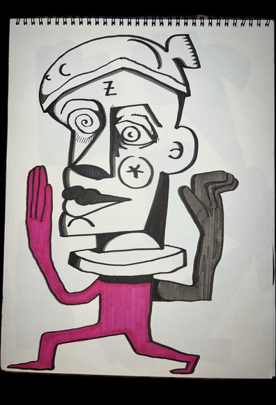 A  jester is dancing with a fish on their head. 