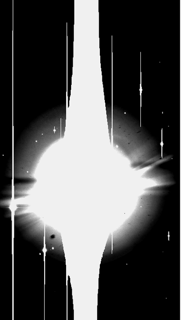 A really messy black and white image with an extremely bright, overexposed thing in the centre and bright vertical smudges bleeding up and down because all the pixels have filled with electrons and spilled over. This is a tiny part of a Canada-France-Hawaii Telescope Megacam full camera field.