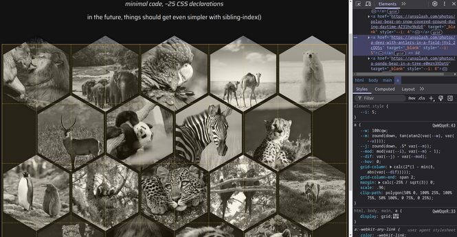 Screenshot of linked demo with DevTools open, highlighting the main grid and showing there are no media queries at play.