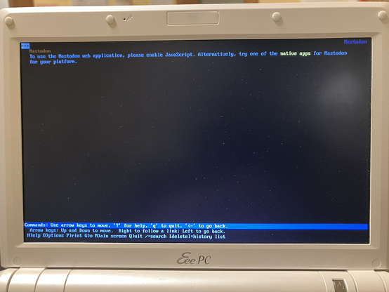 EeePC running Arch 32 Linux and the Lynx web browser showing the mastodon social page which indicates you must have JavaScript to use the Mastodon web app