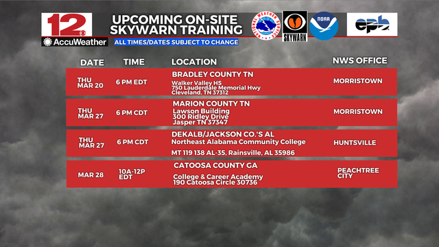 #WhatNOAADoes -- Upcoming @Nws #Skywarn #stormspotter training sessions in the @wdefnews12 area counties over the next few weeks. 

Register for information at the various host NWS Offices at weather.gov 