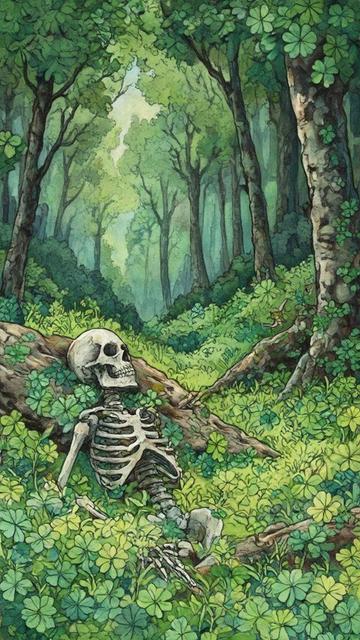 
Model: PixelWave

(retro-futuristic, watercolor, meticulous detail, graphic novel, 4k) a sleeping skeleton in a forest, covered in shamrocks 