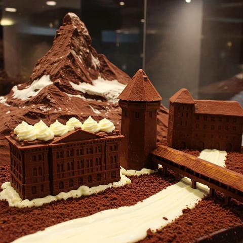 Ein von der KI generiertes Bild einer Landschaft mit Schweizer Sehenswürdigkeiten wie dem Matterhorn, dem Bundeshaus und der Kapellbrücke aus Schokolade.
