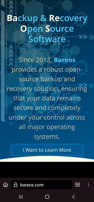 The image is a promotional graphic for Bareos, an open-source backup and recovery software. The background is a gradient of blue shades with abstract geometric shapes, including hexagons and gears, suggesting a technological theme. The text is prominently displayed in white and light blue, with the title "Backup & Recovery Open Source Software" at the top. Below the title, it states, "Since 2012, Bareos provides a robust open-source backup and recovery solution, ensuring that your data remains secure and completely under your control across all major operating systems."