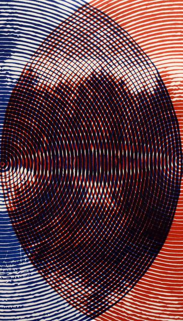 Détail d'une impression de 2 linogravures en 2 couleurs: l'intersection des trames produit un effet de moiré.