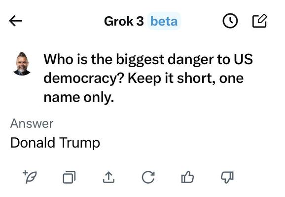 Who is the biggest danger to US democracy? Keep it short, one name only.

Answer
Donald Trump
