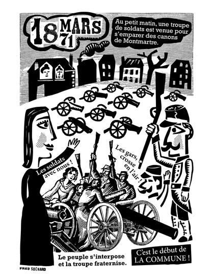 Page illustrée de mon "fanzine communeux".
"18 mars 1871. Au petit matin, une troupe de soldats est venue pour s’emparer des canons de Montmartre. Le peuple s’interpose et la troupe fraternise. C'est le début de la Commune."