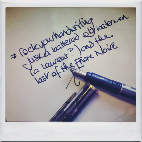 a sample of today's version of my handwriting. black ink. battered old fountain pen. muji notebook. cup of coffee not shown. 