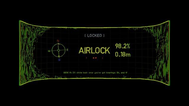 Picture of a visor with the word 'AIRLOCK' sits in the centre of vision. To the left there is a compass, to the right the percentage 98.2% and a distance reading of 0.18m. There is some text underneath from an ongoing conversation: "GENE M: I'll circle back once you've got bearings. Oh, and if"